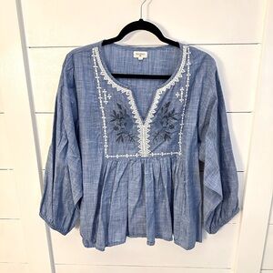WORLD MARKET Blue Embroidered Cotton Women peasant Shabby Chic oversize Top L/XL